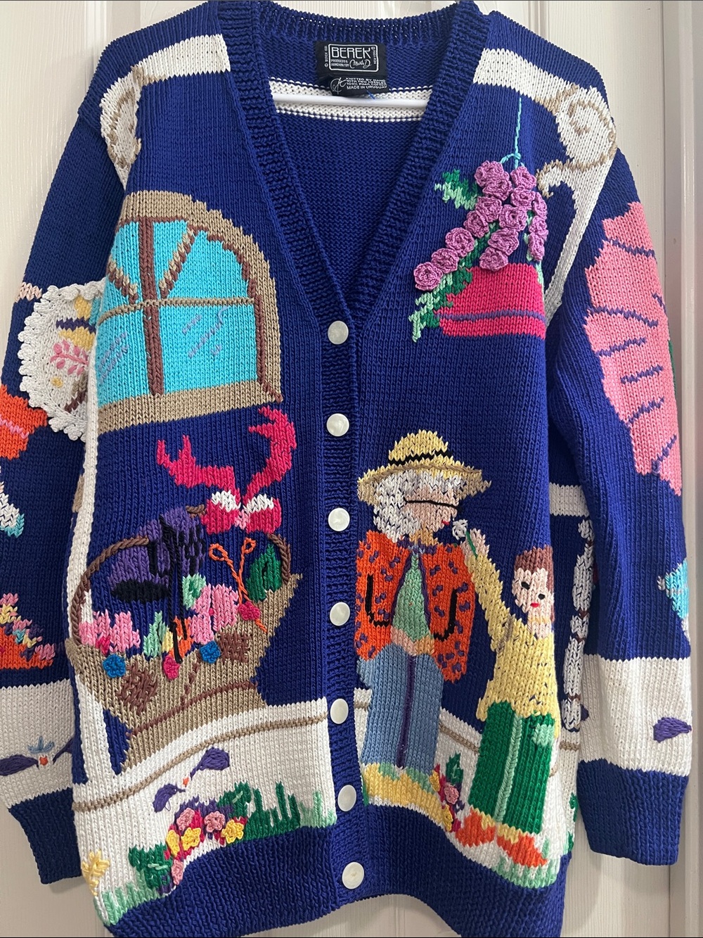 Berek Navy Multicolor Novelty Hand-Knit Granny Cardigan Sweater